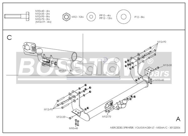 Anhängerkupplung für Mercedes Sprinter Kastenwagen Heckantrieb 208-316, Radstd. 3550 mm, Fzg. ohne Trittbrettst. 2000-2006 - starr