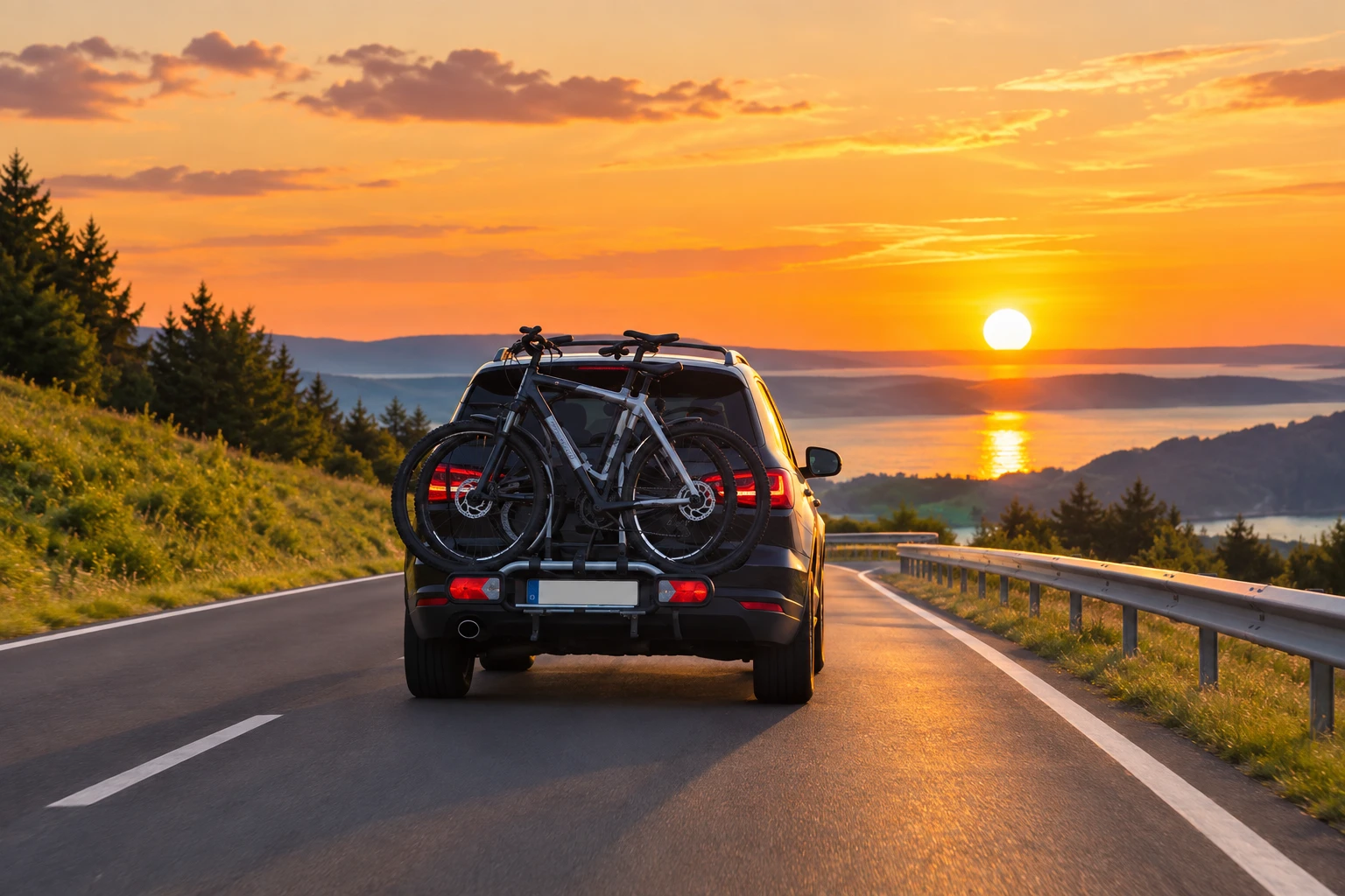 Kombi mit Fahrradträger auf der Anhängerkupplung und zwei Fahrrädern fährt auf einer Landstraße einem Sonnenuntergang entgegen