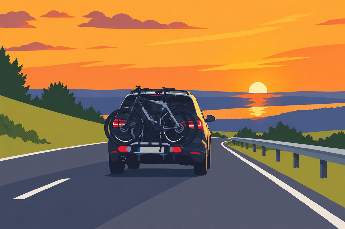 Kombi mit Fahrradträger auf der Anhängerkupplung und zwei Fahrrädern fährt auf einer Landstraße einem Sonnenuntergang entgegen